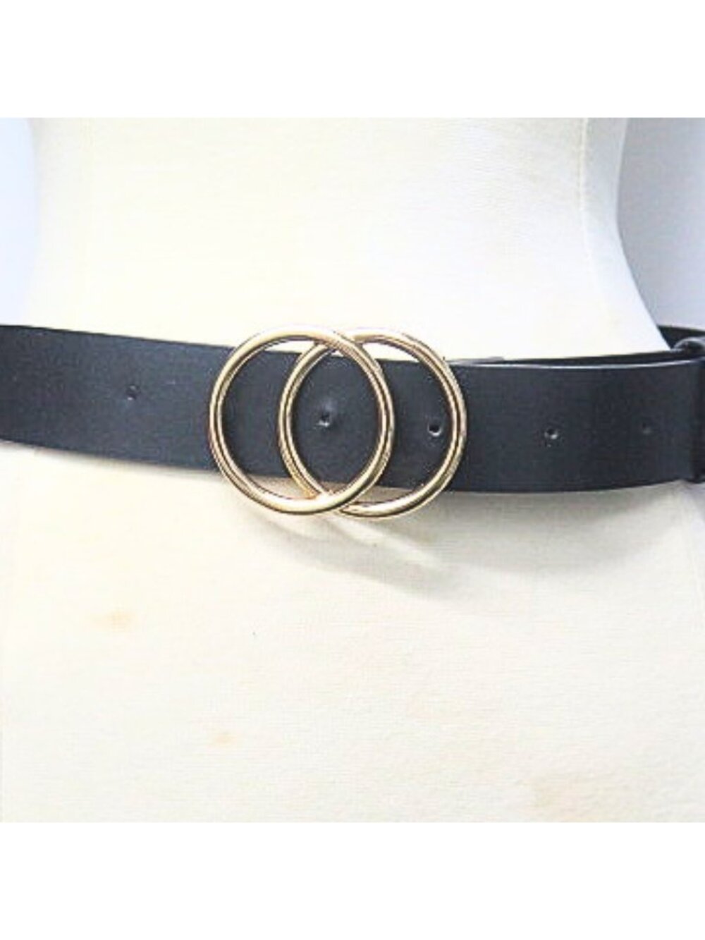 Women’s Black Faux Leather Belt Gold Tone Double Ring Buckle Adjustable